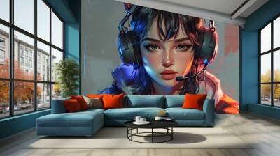 Dynamic e-sport illustration of a girl in headphones embodying modern lifestyle through Generative AI artistry Wall mural