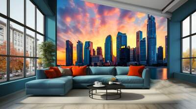 Dynamic financial district skyline showcasing impressive towering skyscrapers against a vibrant city backdrop Wall mural