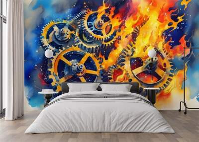 Dynamic fusion of intricate gears and vibrant flames in a mesmerizing watercolor explosion of energy and machinery Wall mural