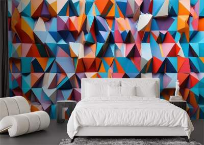 Dynamic geometric pattern with interlocking shapes featuring a vibrant color palette Wall mural