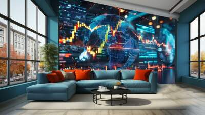 Dynamic global data sphere visualizing real-time economic statistics, illuminated by vibrant lights, highlighting advanced financial analytics technology. Wall mural