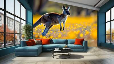 Dynamic kangaroo in motion through a vibrant field of yellow flowers, capturing the essence of wildlife and natural habitat in the Australian outback. Wall mural