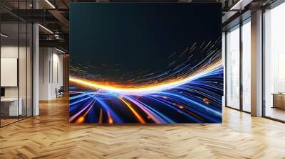 Dynamic light trails on a dark backdrop illustrating optical cables and high-speed internet transmission, showcasing the flow of information in a digital age. Wall mural