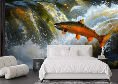 Dynamic salmon leaping from sparkling river amidst cascading waters, embodying natures vitality and the excitement of fishing Wall mural