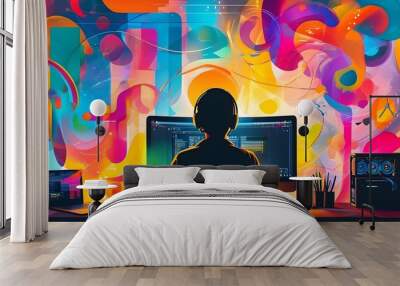 Dynamic silhouette of a person at a computer amidst vibrant abstract shapes, embodying modern technology education in a vivid artistic expression Wall mural