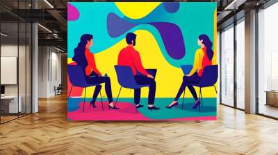 Dynamic silhouettes in vibrant colors engaged in a software development job interview against an abstract modern backdrop Wall mural