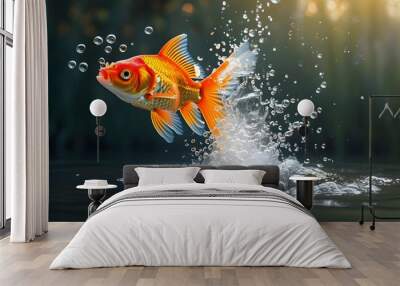 Dynamic splash of a goldfish leaping from water with trailing bubbles in a vibrant aquatic scene Wall mural