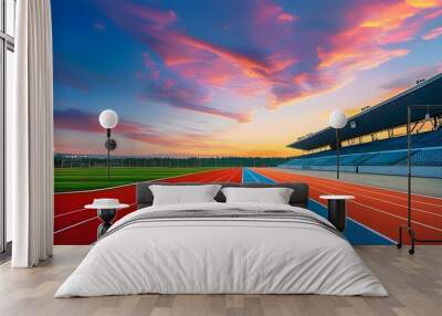 Dynamic sports arena showcasing vibrant track lines beneath a striking sky, perfect backdrop for sports gear promotions or athletic event advertising Wall mural