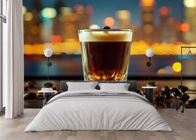 Dynamic swirl of vodka and espresso creating a captivating fusion in a striking photographic background Wall mural