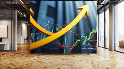 Dynamic upward arrow representing financial growth atop a backdrop of charts and graphs illustrating business profit analysis and development Wall mural