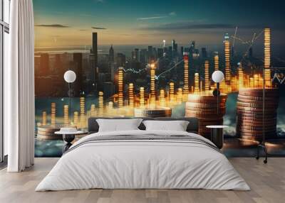 Dynamic urban landscape intertwined with financial graphs and cascading rows of coins, symbolizing investment and economic growth Wall mural