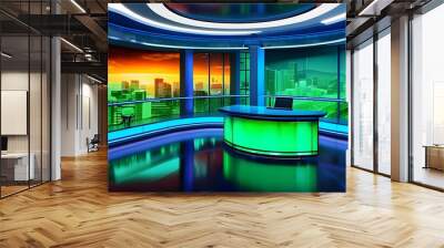 Dynamic virtual news studio setup featuring a blue and green background, designed for live broadcasting with professional lighting elements Wall mural