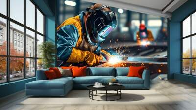 Dynamic welding scene with sparkling bokeh effects, showcasing skilled craftsmanship in metalwork industry through vibrant generative AI illustration Wall mural