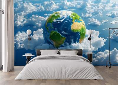 Earth adrift in a cloudy expanse beneath a serene blue sky, embodying peace, harmony, and commitment to environmental protection Wall mural