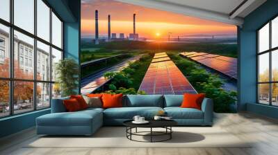 Eco-friendly sunrise on industrial rooftop featuring solar panels and lush greenery with chimneys in the backdrop Wall mural