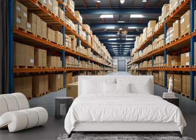 Efficient logistics center featuring warehouse racks filled with cardboard boxes and organized pallets for streamlined product distribution Wall mural