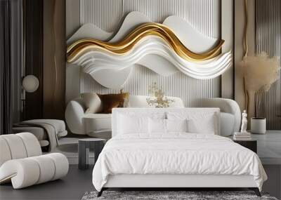 Elegant 3D Abstract Wall Art Featuring Golden Waves and White Curves, Perfect for Modern Living Room Decor with Unique Patterns and Statement Design Wall mural