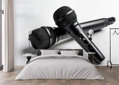 Elegant black and silver microphone positioned on a crisp white background, showcasing a minimalist and modern design. Wall mural