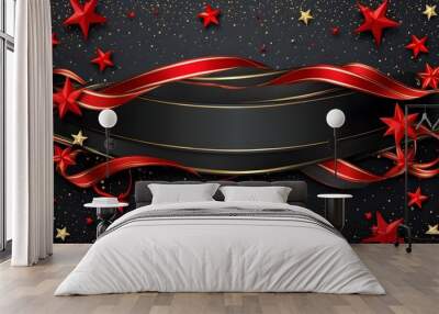 Elegant black banner with gold trim and red accents on a festive dark backdrop adorned with shimmering stars and vibrant red ornaments Wall mural