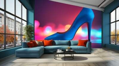 Elegant blue heels showcased in macro detail against a vibrant neon backdrop, embodying modern womens beauty and fashion trends. Wall mural