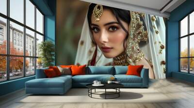 Elegant bride in traditional attire featuring intricate embroidery and jeweled veil, highlighting exquisite makeup and graceful beauty Wall mural