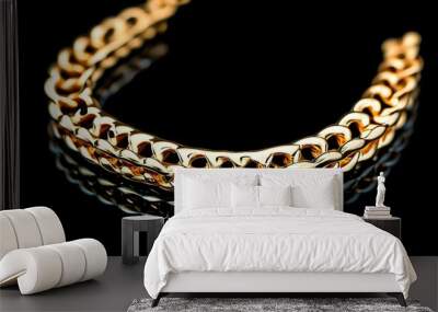 Elegant close-up of a lustrous gold chain with interlocked round links against a sleek black backdrop Wall mural