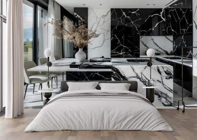 Elegant close-up of abstract black marble pattern showcasing natural beauty and architectural design elements in striking contrast with white highlights Wall mural