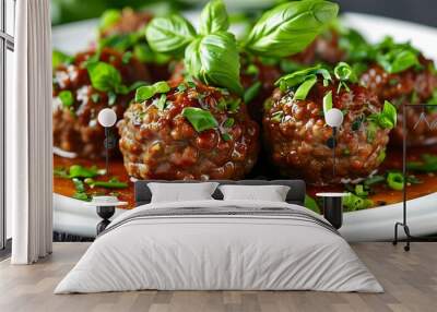 Elegant close-up of meatballs in rich sauce, adorned with fresh basil and green chives on a pristine white plate Wall mural