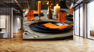 Elegant gala dinner tables adorned with black plates and striking orange metal cutlery, showcasing high-end decor and design innovations through generative AI Wall mural