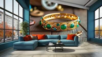 Elegant gold bracelets adorned with emerald green stones and nautical charms resting on a rustic wooden surface Wall mural