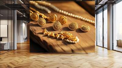 Elegant gold jewelry collection illuminated by warm light on polished wooden surface Wall mural