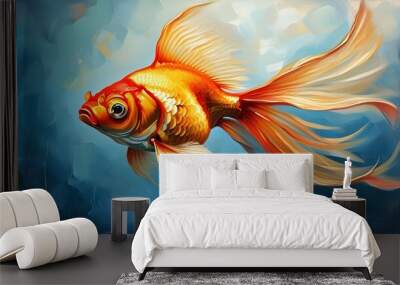 Elegant goldfish with flowing ribbon tail in vibrant oil painting style Wall mural