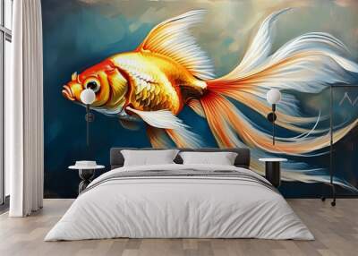 Elegant goldfish with flowing ribbon tail in vibrant oil painting style Wall mural