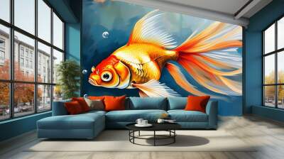 Elegant goldfish with flowing ribbon tail in vibrant oil painting style Wall mural