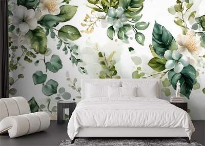 Elegant green foliage pattern on white wallpaper with isolated watercolor floral decorations Wall mural