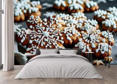 Elegant handcrafted gingerbread snowflake adorned with intricate white icing, perfect for holiday celebrations and festive designs. Wall mural