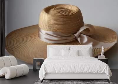 Elegant light brown straw hat adorned with a satin ribbon bow and wide brim, perfect for sunny days Wall mural