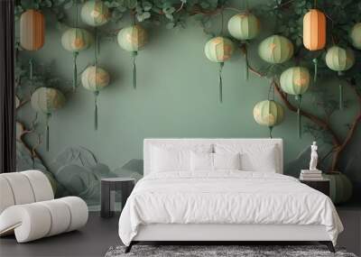 Elegant light green lantern relief mural for serene and artistic backdrop
 Wall mural