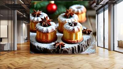 Elegant mini cakes adorned with powdered sugar and star anise, arranged on a rustic wooden table amidst festive holiday decor Wall mural