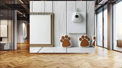 Elegant minimalist composition featuring white wood, a notepad, and a dogs paw, enhanced by a creative AI touch for an elevated aesthetic. Wall mural