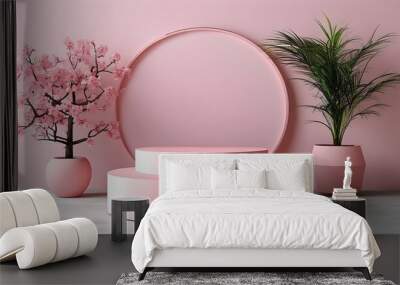 Elegant minimalist pink exhibition stand showcasing innovative product displays Wall mural