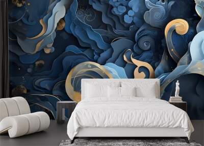 Elegant navy and blue design featuring light indigo and gold accents on a rich dark swirly background, perfect for luxury logos and sophisticated patterns Wall mural