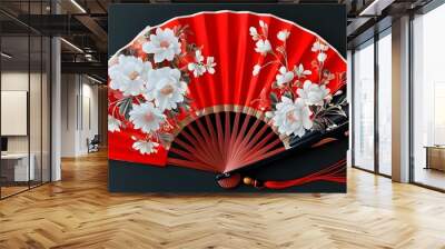 Elegant red and black hand fan adorned with delicate white flowers and a graceful tassel Wall mural