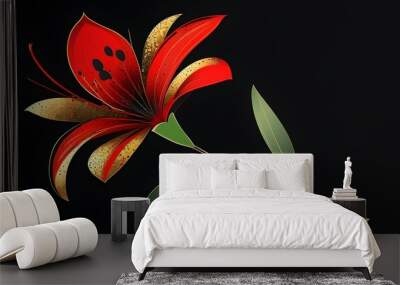 Elegant red flower with black and gold accents on a striking black background, showcasing a single stem and two delicate leaves. Wall mural