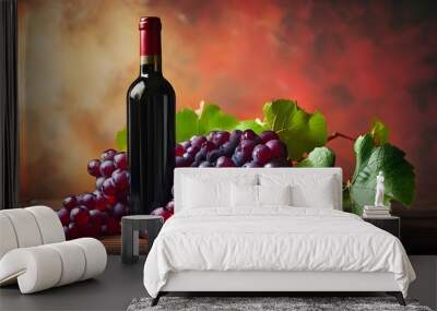 Elegant red wine bottle accompanied by fresh, juicy red grapes Wall mural