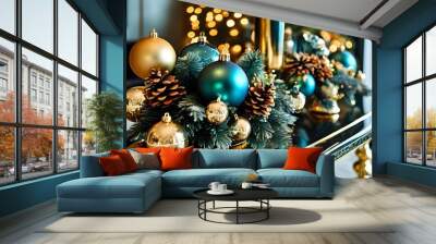 Elegant Teal and Gold Christmas Decorations Featuring Pine Cones and Ornaments for a Luxurious Holiday Celebration Wall mural