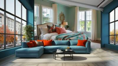 Elegant tropical Florida bedroom with bright sunshine, bay windows, and beautiful decor, featuring comfy pillows and a relaxed ambiance Wall mural