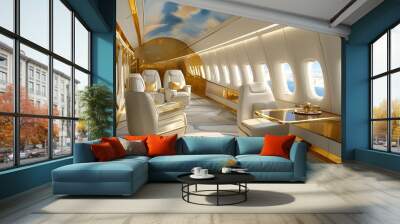 Elegant watercolor depiction of a luxurious jet interior featuring gold accents soaring through the skies Wall mural