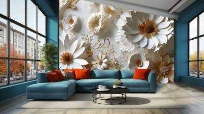 Elegant White and Gold Paper Floral Textures for Craft Inspiration, Exquisite Handmade Art with Detailed Blossom Patterns and Artistic Craftsmanship Wall mural