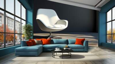 Elegant white chair casting a soft shadow on a dark background, illuminated by gentle floor light reflections Wall mural